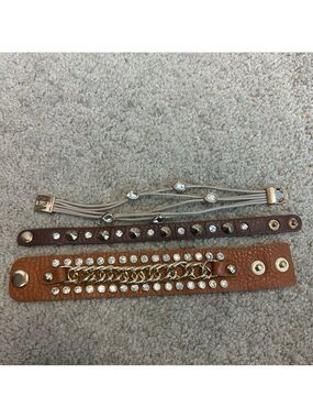 Bundle of brown rhinestone Chainlink  leather bracelets western rodeo stampede